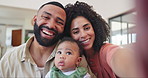 Father, mother and baby in selfie at apartment with smile, face or pride for love on web blog in Colombia. Happy parents, child or lounge for photography, memory and social media post in family home