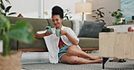 Relax, sofa and woman with phone, coffee and smile for social media meme, blog post or funny text. Networking, connection and happy girl with tea cup on lounge floor with smartphone for streaming.