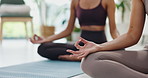 Yoga, hands and meditation with women, lotus and fitness with wellness and exercise in a living room. Closeup, apartment and friends with training and workout with health and home with chakra and zen