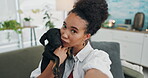 Woman, dog and pet or happy with selfie for profile picture upload, social media post or memories on sofa. Animal, person and puppy with smartphone for relax, smile and fun on couch in living room