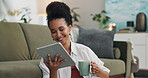 Relax, lounge and woman with tablet, coffee and laugh for social media meme, blog post or funny ebook. Networking, connection and happy girl with tea cup on floor at sofa on digital app for streaming