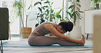 Home, yoga and meditation with woman, training and exercise for wellness and healthy in a lounge. Person on the floor, apartment and girl with practice routine and breathing with workout and flexible
