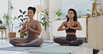 Women, yoga and meditation in studio class for holistic wellness, exercise and healing with harmony and zen. People or personal trainer on floor with peace, chakra and prayer hands for mental health