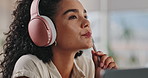 Woman, headphones and thinking of ideas with laptop, student learning at home with pen and inspiration for writing project. Insight, remember and problem solving while listening to music for research