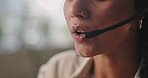 Mouth, talking and mic, phone call at callcenter and woman with closeup for advice or information, contact and CRM. Customer service, telemarketing or help desk agent with headset for communication