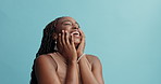 Happy, black woman and laughing with fashion for funny joke, humor or comedy on a blue studio background. African female person or model with smile, jewelry or style in satisfaction on mockup space