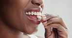 Dental, smile or woman hands in studio with chewing gum, hygiene or fresh breath closeup on white background. Teeth whitening, mouth or model with bubblegum for bacteria, cleaning or mockup space