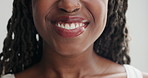 Black woman, hands and teeth with dental care for clean gums, oral or tooth whitening at bathroom. Closeup of young African female person with big smile for cavity, bleaching or veneers in treatment