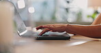 Hands, typing and laptop or online research as freelance journalist for web information, project planning or communication. Person, fingers and work from home or internet email, editing or technology