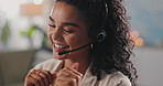 Woman, phone call at callcenter and CRM with contact, happy talking for advice or info with communication. Customer service, telemarketing or tech support with headset and mic for help desk agent