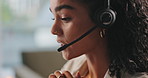 Woman, phone call at callcenter and contact us, talking for advice or information with communication and CRM. Customer service, telemarketing or tech support, help desk agent with headset and mic