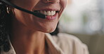 Mouth, talking and microphone, phone call at callcenter and woman with smile for advice or info, contact and CRM. Customer service, telemarketing or help desk agent with headset for communication