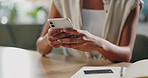 Hands, closeup and woman with a smartphone, typing and internet with social media and connection. Person, mobile user and girl with a cellphone and website information with online news or digital app