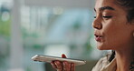 Closeup, woman and smartphone with speaker for phone call, conversation and communication with friend. Cellphone, voice record and microphone on mobile app and networking in online discussion.