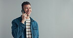 Man, phone call and laughing in studio for funny conversation and funny joke by gray background. Person, comic and happy for communication on cellphone, social and comedy for silly gossip in mock up