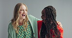 Women, crazy and laughing in studio for funny joke, care and students for silly comedy by gray background. Friends, diversity and happiness with comic gesture in mockup, excited and goofy by backdrop