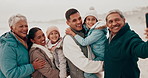 Parents, grandparents and children in selfie, beach and happy with hug, care and bonding on vacation. People, mother and father with kids, grandmother and grandpa with memory for family in winter