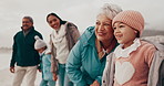 Big family, beach and grandmother with girl, vacation and excited with happiness and getaway trip. Old woman, seaside and children with holiday and bonding together with generations and adventure