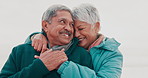 Senior couple, hug and smile at beach with love, care and connection for relationship on vacation. Elderly man, old woman and people with romance, memory and together for holiday by sea in retirement