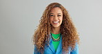 Happy, laughing and face of business woman on gray background with funny joke, humor and comedy. Professional, fashion and portrait of person smile for career, opportunity and confidence in studio