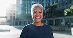 Face, senior and woman in city for business, manager or ceo happy for growth in corporate company and success. Mature, female leader and professional boss or executive for finance firm in New York