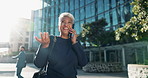 Mature woman, walking and happy in phone call in outdoor with laugh, smile and conversation for leisure. Lens flare, corporate and female person on break with funny chat in street, city and cbd
