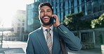 Businessman, talking and phone call on commute to office, and networking in city for career growth. Entrepreneur, smartphone or travel in town to work or chat of customer connection in small business