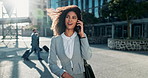 Woman, walking and smile in phone call in cbd with confidence, smile and conversation for business. Lens flare, corporate and female person on break with discussion in street, city and outdoor.
