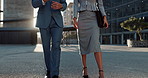 Walking, conversation and body of business people in city talking for project collaboration. Teamwork, discussion and professional financial advisors commuting to work for corporate finance in town.