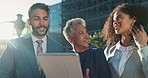 City, tablet and group of business people chat on sidewalk with social media, online review and sunshine. Office building, businessman and women with digital app, smile and talk with urban connection
