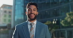 Face, businessman or smile with city, commute or confidence for work by buildings. Proud employee, morning or street with cbd or portrait with a happy entrepreneur, urban career or job at corporate