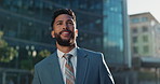 Business, man and happy with thinking in city for morning commute, corporate inspiration and ideas by urban building. Entrepreneur, person and thoughtful in street with smile, lens flare and sunrise