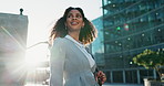 Business, woman and happy with thinking in city for morning commute, corporate inspiration and ideas by urban building. Entrepreneur, person and thoughtful in street with smile, lens flare or sunrise