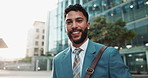 Face, businessman or smile with urban commute or confidence for work by buildings. Proud employee, city travel or street with cbd or portrait with a happy entrepreneur, career or job at corporate