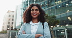 Face, businesswoman or arms crossed with city, commute or confidence for work by buildings. Employee, morning or street with cbd or pride with a happy entrepreneur and urban career or job at startup