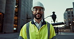 Engineering, man and face with confidence in safety helmet, vest and civil engineer for construction in city. Portrait, happy or professional contractor at night or pride in work on urban development