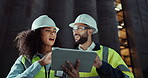 Engineer, people and talking by tablet for teamwork, night civil engineering app for construction in city. Man, woman or building contractor or collaboration or online planning for urban development