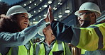 Engineering success, construction site or happy people high five for development goals, tablet or target. Night, city or excited engineers in celebration of safety bonus, architecture or teamwork 