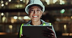 Engineering, woman and tablet in city at night for planning, infrastructure and project management. Face of mature boss  or construction worker on digital technology in architecture or outdoor design