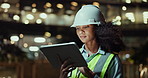 Engineer, woman or architect in city with tablet research for engineering, building in construction site. Woman, night or contractor reading news on development, project notification or architecture