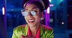 Woman, night and happy in office with neon, tablet and glasses for reading, information technology or coding. Person, girl and developer with smile for programming, solution and creative for software