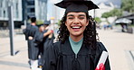 Face, education and graduation with student woman outdoor on campus of college of university. Portrait, certificate and success with happy young person laughing in celebration at school ceremony