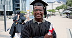 Face, education and graduation with student black man outdoor on campus of college of university. Portrait, smile and certificate with happy young person laughing in celebration at school ceremony