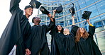 College, graduation and success with student friends throwing caps together in celebration at ceremony. Education, school or university with happy young group of graduate people outdoor on campus