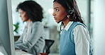 Woman thinking, call center and typing on computer for communication, customer support and virtual solution in office. Young business consultant listening to questions, e commerce feedback and advice