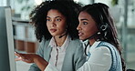 Women, team manager and call center support, advice or questions in e commerce solution on computer. Business people or professional consultant training, planning or agency sales or report on desktop