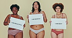 Women, body positivity and poster for diversity, happy and empowerment for self love, natural and affirmation. Portrait, hug and smile for underwear, solidarity or inclusivity for weight acceptance