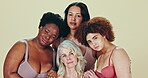 Beauty, diversity and body positive women in portrait, friends together and elderly woman care on studio background. Group solidarity, self love and confident in lingerie for empowerment in mockup