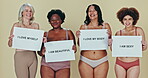 Beauty, diversity or body positivity poster for women in portrait, natural or dancing by studio background. Motivation billboard, self love or confident in lingerie, empowerment or friends in mockup