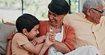 Happy kids, tickle or grandparents laughing in home with smile, care or love or support in a family. Funny elderly grandma, boy playing or children on couch with grandfather to relax in retirement